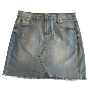Versona Denim Mini Skirt Womens 29 Light Blue Distressed Raw Hem Stretch Jean